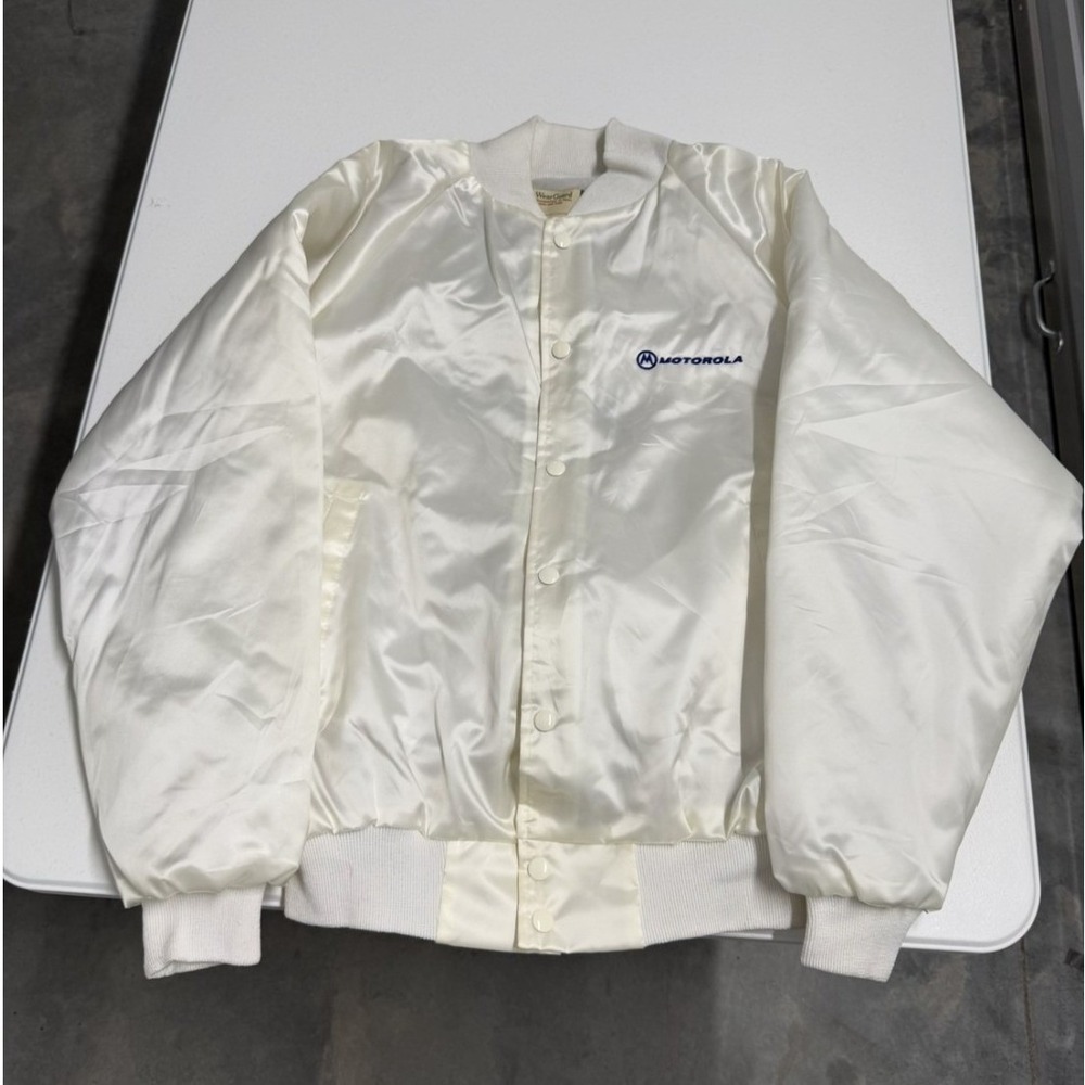 Vintage Motorola racing Satin Bomber Jacket White Snap Front Mens M